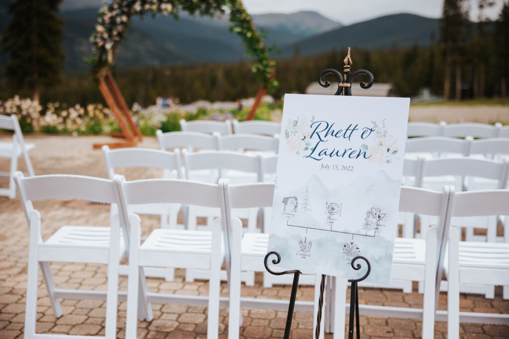 wedding ceremony and reception sign and signage for wedding in Breckenridge colorado at ten mil station
